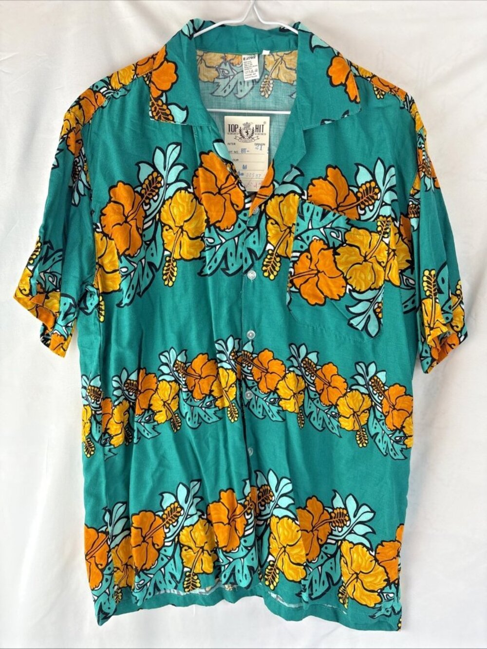 Men's Button Front Hawaiian T-Shirt Green Floral Vacation Medium Top Hit Fashion